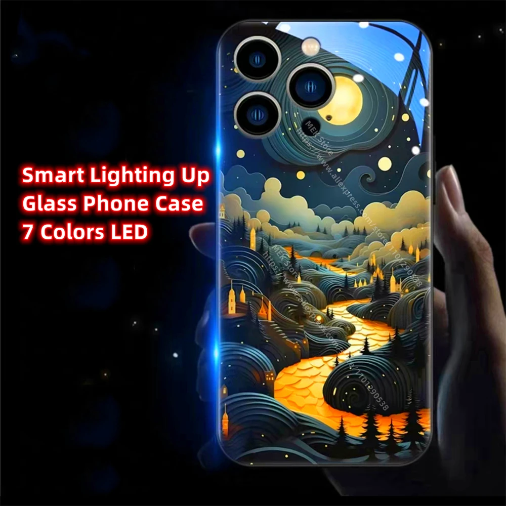 

Oil Painting Moonlight Village Smart LED Light Glow Glass Phone Case For iPhone 15 14 13 12 11 Pro Max XR XS Plus SE2020