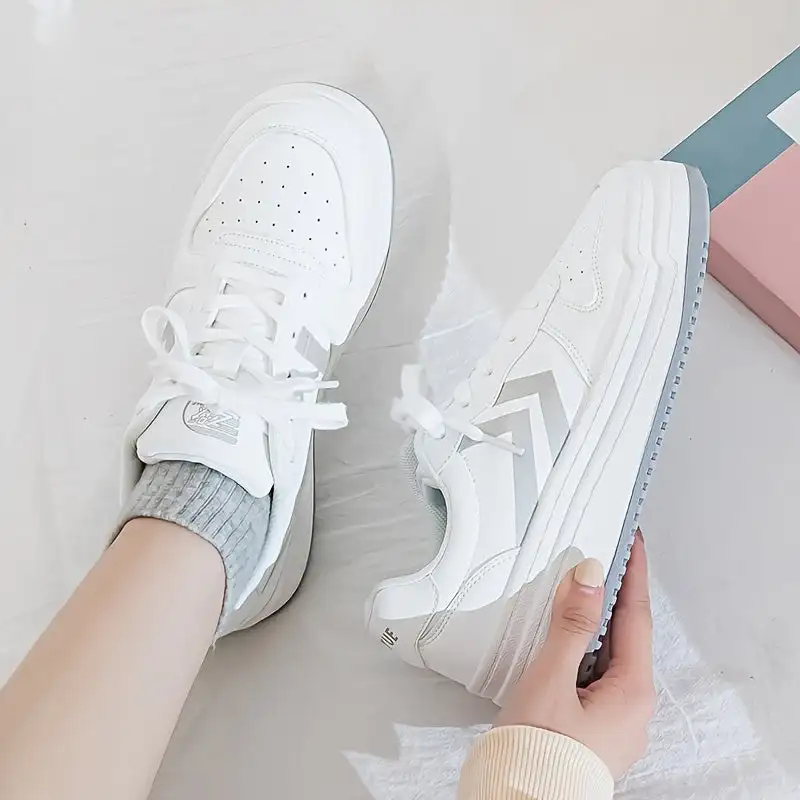 

Women's Leisure Faux Leather Sneakers, Lightweight Low Top Lace Up Thick Bottom Casual Shoes, Women's Footwear