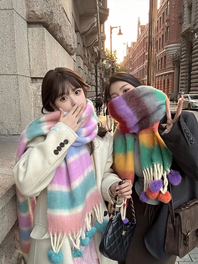 

Autumn and winter warm new rainbow scarf tassel dopamine hair ball women's long style enlarged and thickened scarf