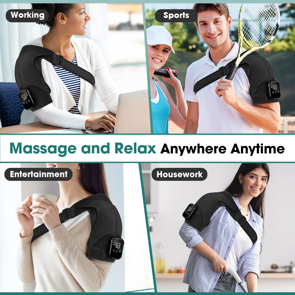 Electric Heated Shoulder Massager With 3 Heat Levels 3 Vibration Modes, Rechargeable Shoulder Support Wrap with Timer and Touch Screen, Extended Straps