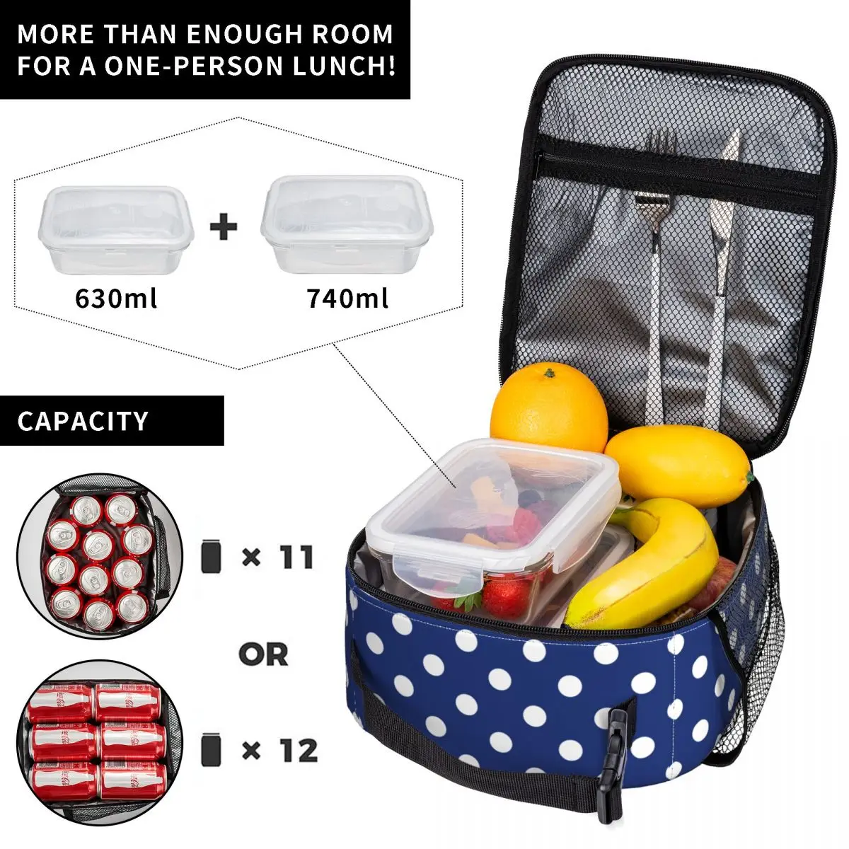 White Polka Dots Navy Blue Seamless Pattern Insulated Lunch Bag Waterproof Cooler Thermal Lunch Tote Beach Camping Travel