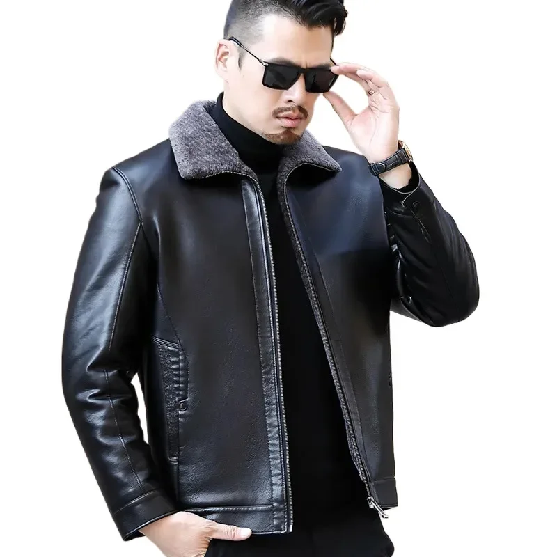 Men's Fur One Casual Thickened Motorcycle Jacket Mens Fashion Leather Jacket Male Plus Cashmere Sheep Leather Short Coat leather jackets