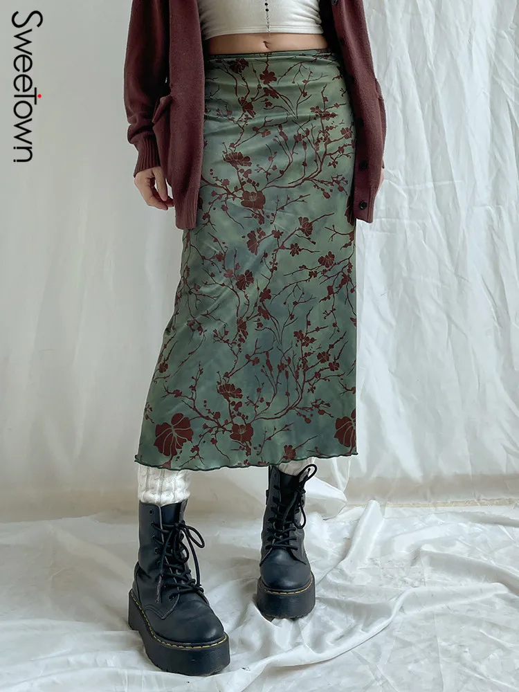 Sweetown 2022 Fashion Women A Line Long Skirts Floral Print