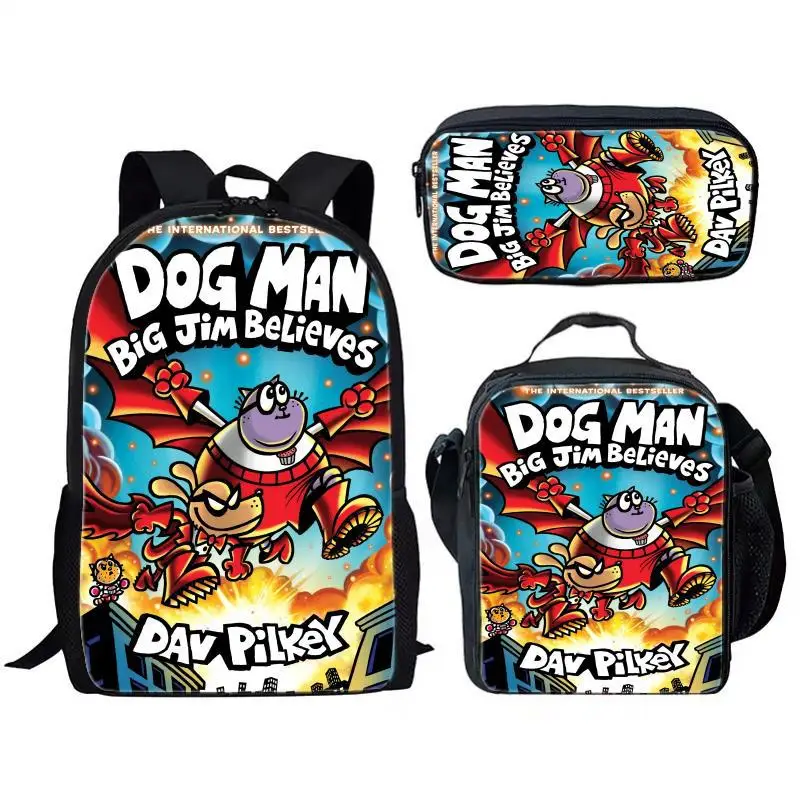 Dog Man Detective Dog Three Piece Set for Children and Elementary School Students, Large Capacity Backpack, Meal Bag, Pen Bag 1