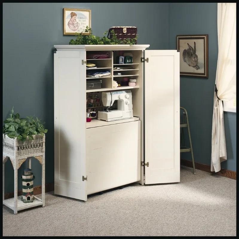 Sauder Harbor View Craft Armoire, Double Door, Antiqued White Finish