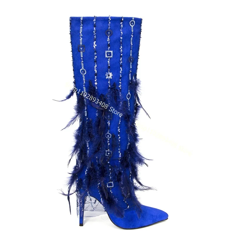 

Fur Decor Lace Embroider Flock Boots Pointed Toe Side Zipper Stiletto High Heels Women Autumn Fashion 2024 Zapatos Para Mujere