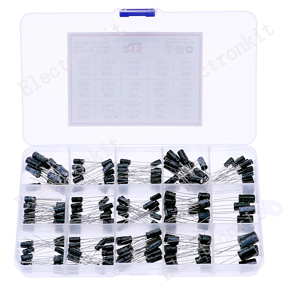 215pcs 15 Values Electrolytic Capacitors Mixed kit Box 0.1UF0.22UF0.33UF0.47UF1UF2.2UF3.3UF4.7UF10UF22UF33UF47UF100UF220UF330UF