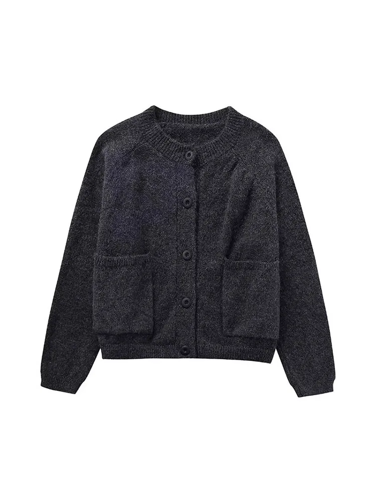 

ZADATA new autumn and winter women's solid color versatile short O-neck long-sleeved casual elegant knitted cardigan