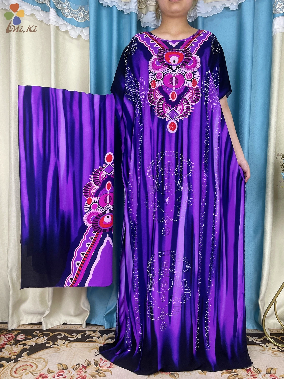 2024 New African Abaya Women Short Sleeved Dress Tie Dyed Diamond Scarf Dress Dubai Maxi Loose Fitting Dress Islamic Clothing