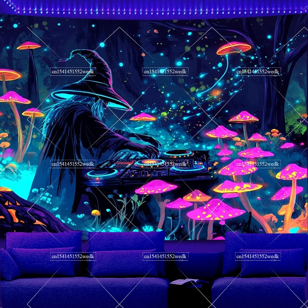 UV Reactive Music Wizard DJ Blacklight Tapestry Neon Jellyfish
