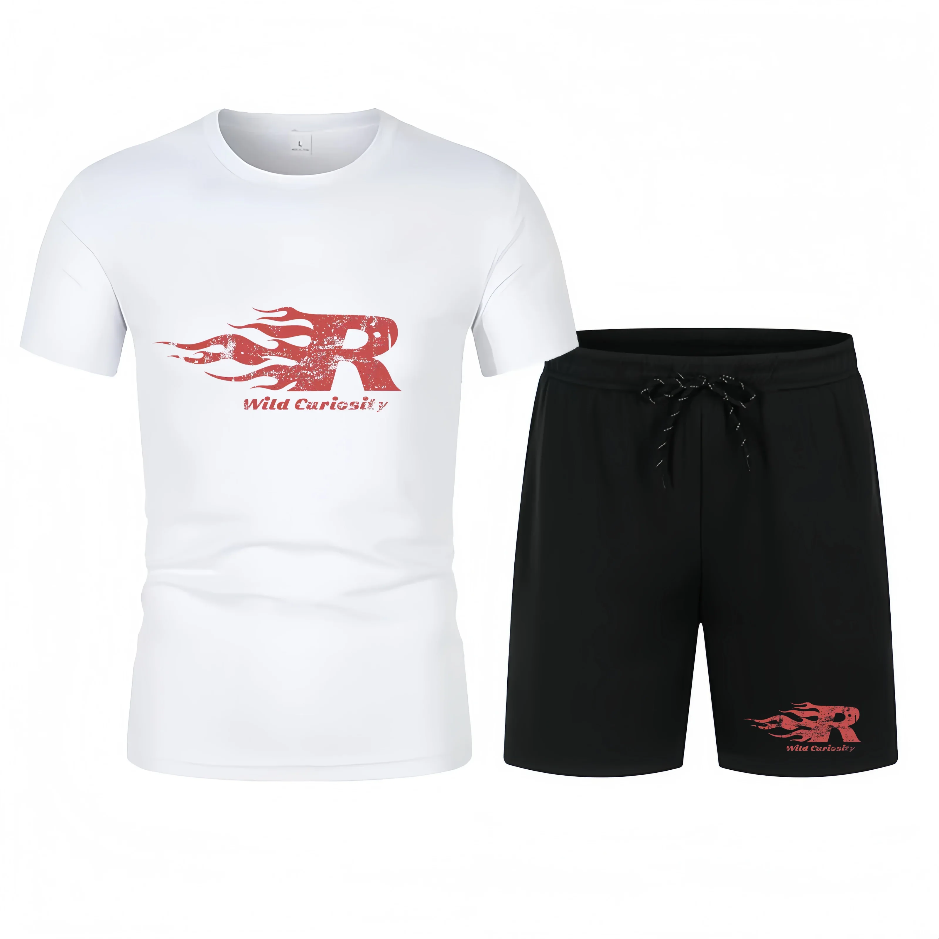 White t-shirt and black shorts set with red logo and text on a white background
