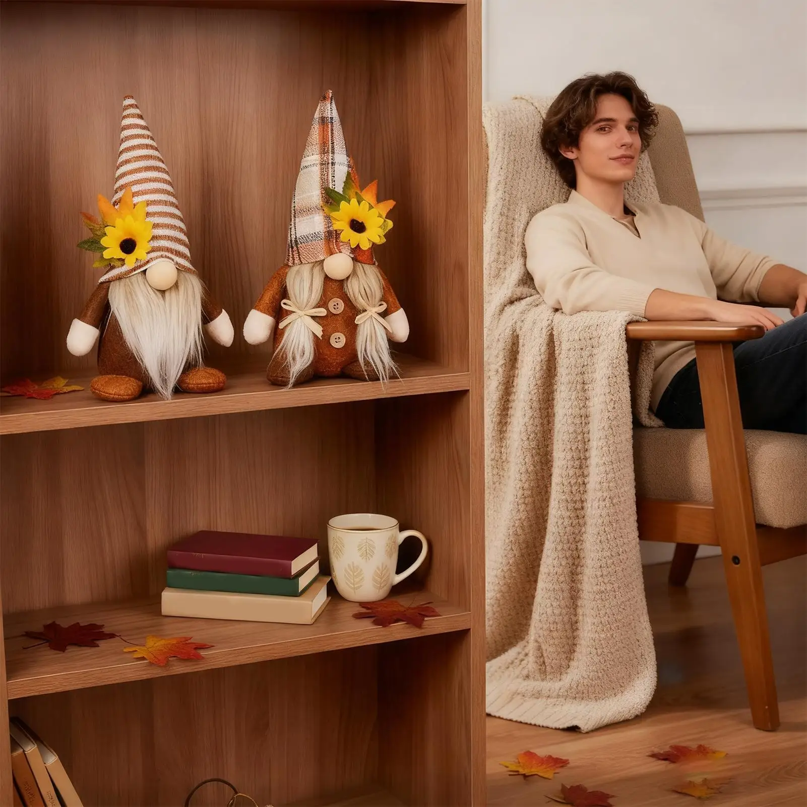 Autumn Gnome Decorations Handmade Festival Faceless Doll Tiered Tray Decor Maple Leaves Sunflower Gnome For Indoor Room Mantel