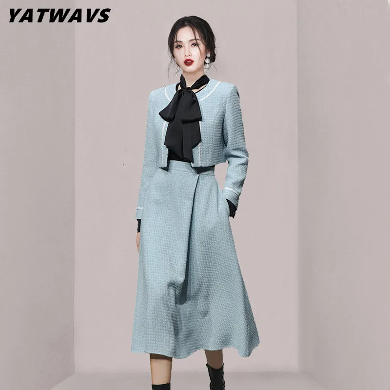 

Korean Fashion Office Women 2 Pieces Set O-Collar Tweed Short Coat Top+High Waist A-Line Midi Skirt Suit Lady Winter Skirt Suits