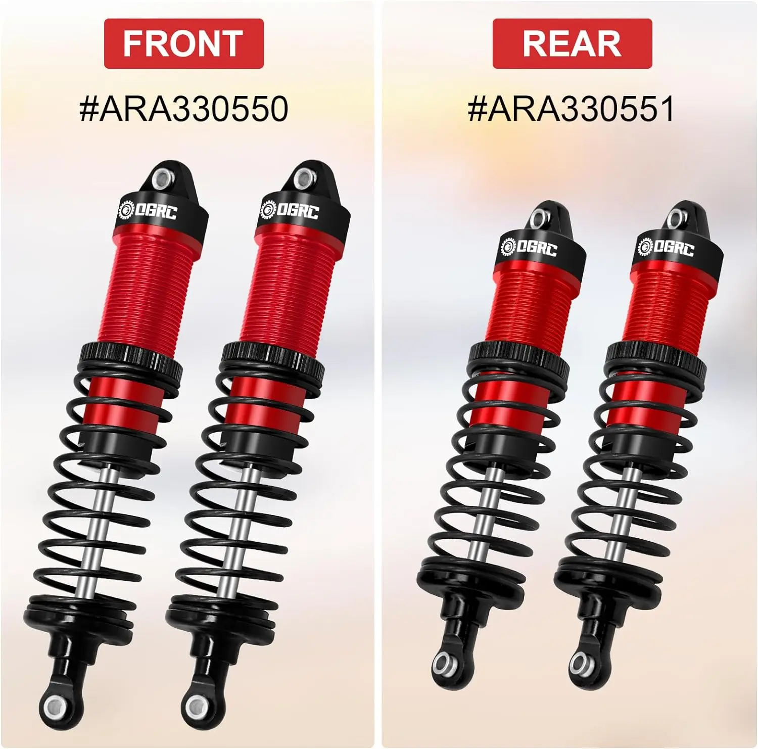 Amortisseur RC huilé pour Arrma Granite et Senton, posé sur une surface blanche, avec le piston visible.