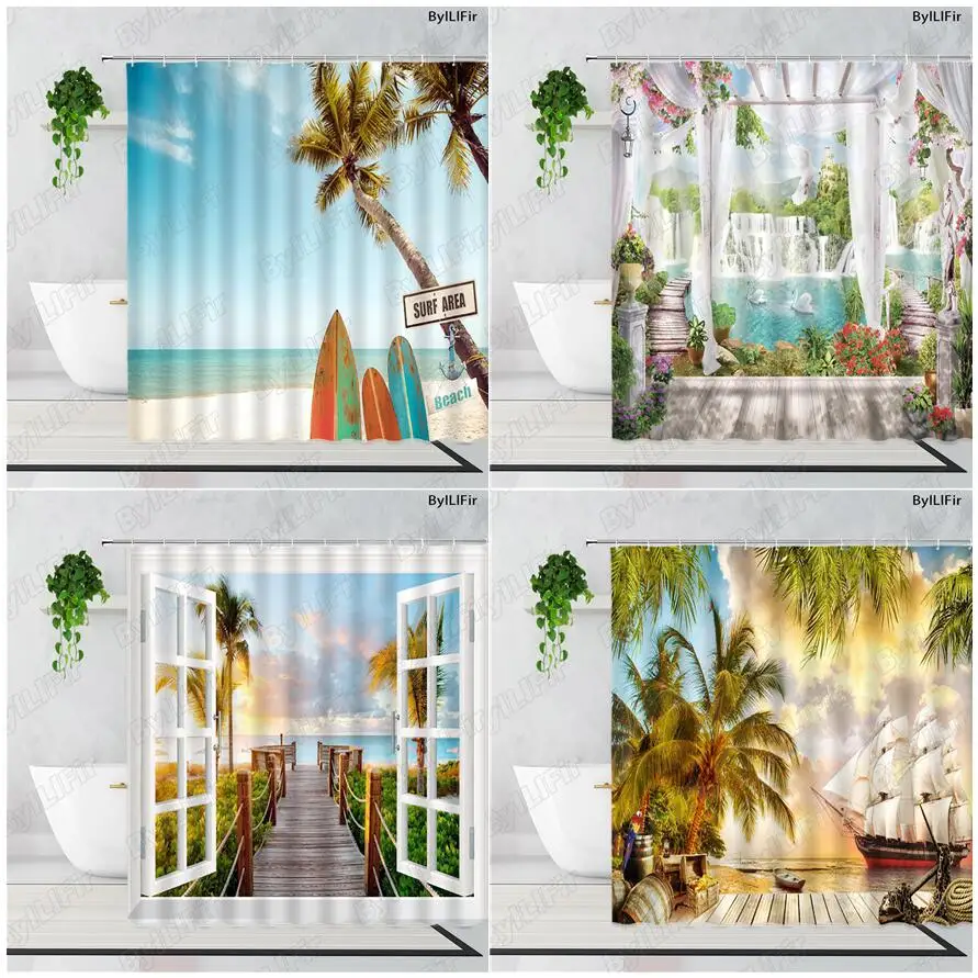 

Palm Trees Beach Shower Curtains Surfboard Sailboat Wooden Bridge Forest Waterfall Flower Plant Landscape Bathroom Curtain Decor