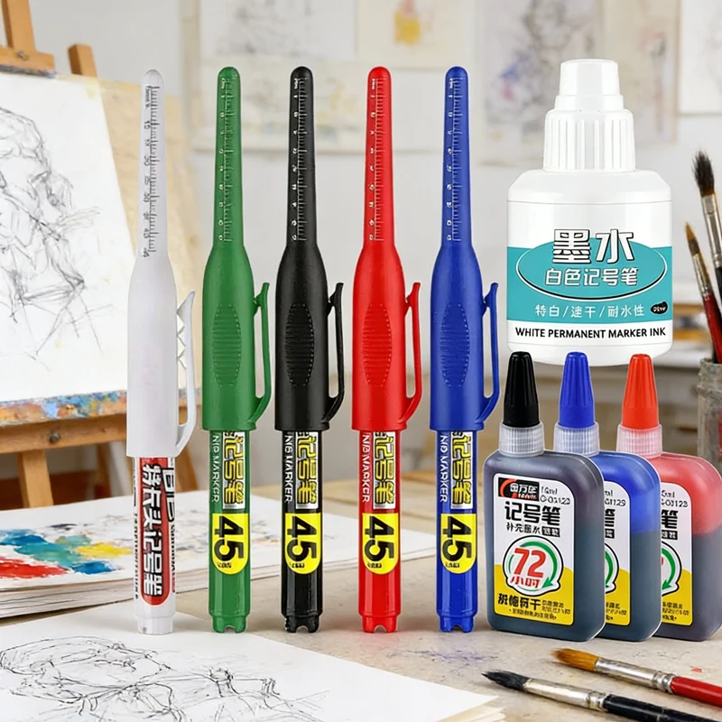 45mm 화이트 딥홀 롱 니브 헤드 마커 세트 (금속 천공 펜, 방수, 욕실, 목공, 장 페인트)