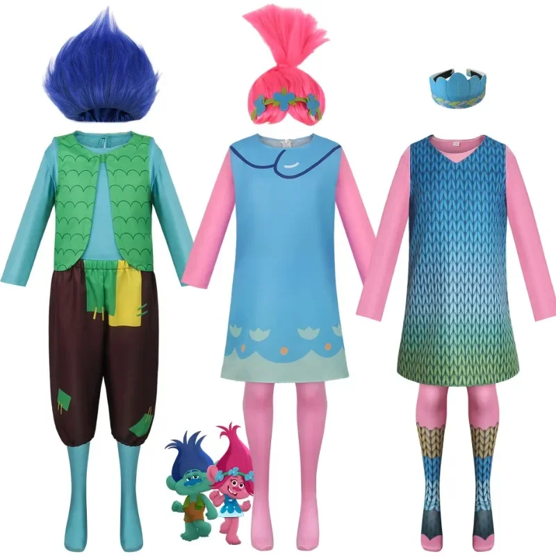 Festa Dei Bambini Anime Trolls Branch Costume Cosplay Poppy Cos Dress Parrucca Abiti Festa Di Carnevale Di Halloween Per Bambini Adulti
