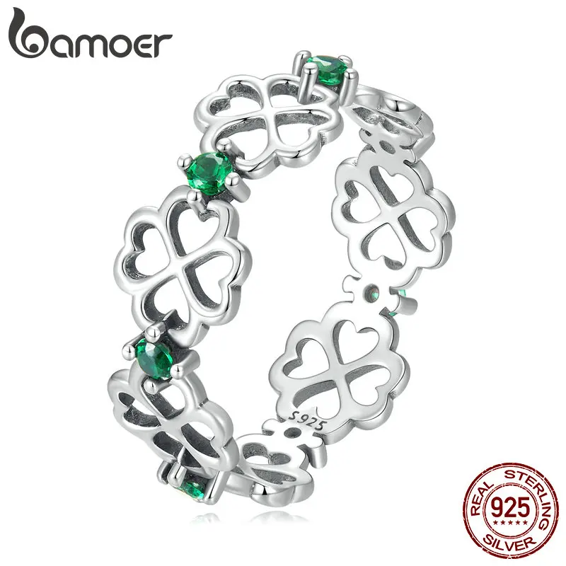 

BAMOER 925 Sterling Silver Ring Four Leaf Clover Good Luck Band Ring for Women Girl Fashion Gifts Comfort Fit Size 6 to 9