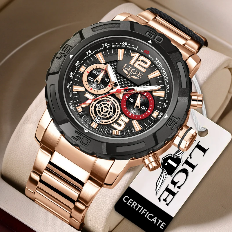 

LIGE Chronograph Clock Quartz Watches for Men Stainless Steel Male Military Wristwatches Fashion Luxury Big Dial Men Watch Reloj