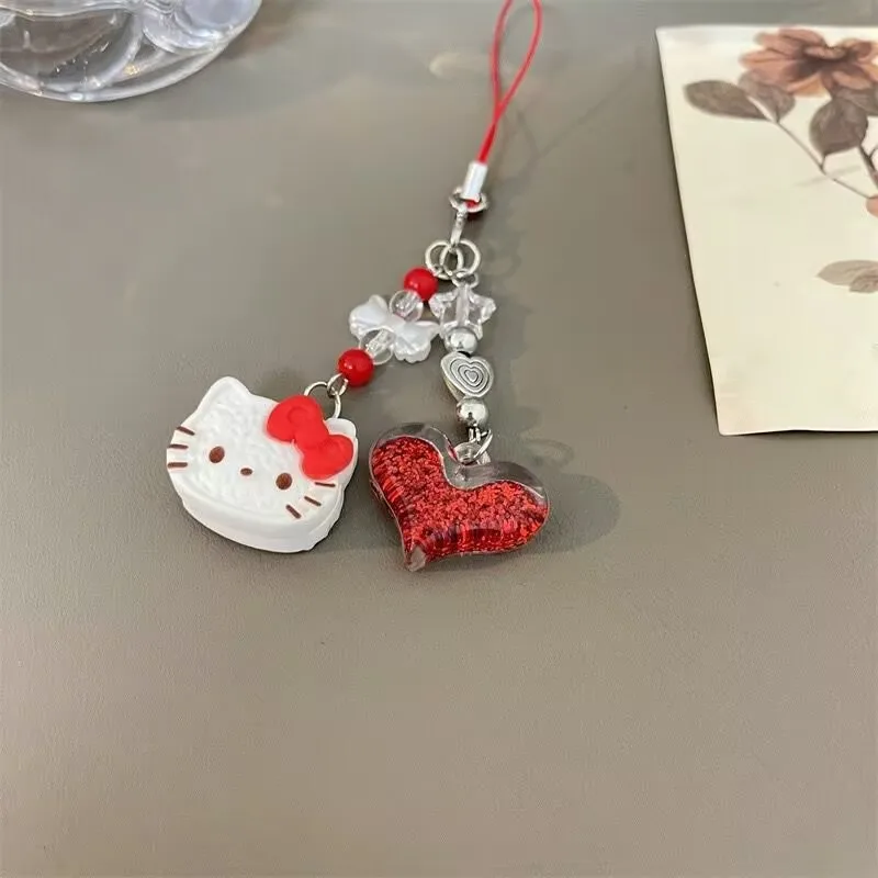 iigen Sanrio Kawaii 헬로 키티 폰 체인 끈 아이폰용 빛나는 레드 러브 하트 폰 스트랩 소녀 가방 교수형 로프 쥬얼리