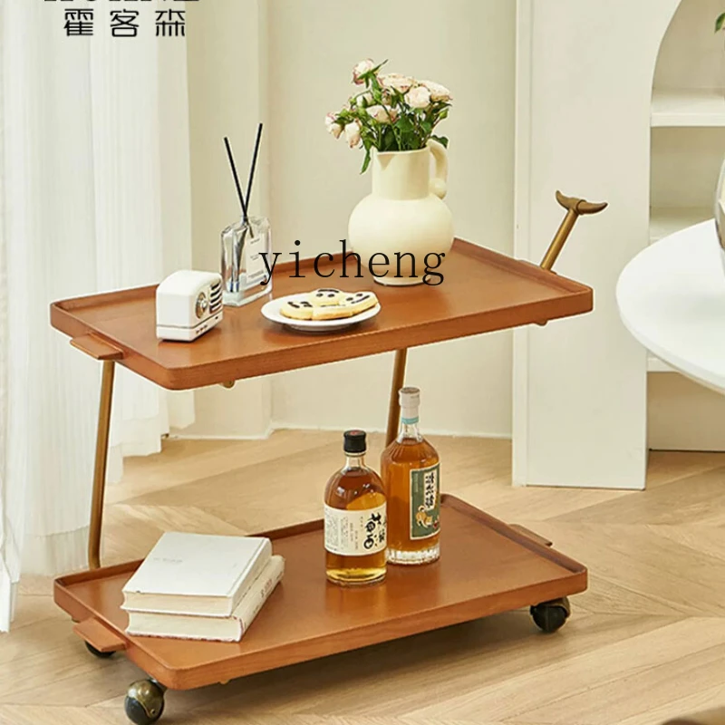

Zf Movable Side Table Retro Trolley Light Luxury Solid Wood Mid-Ancient Storage Dining Car Home