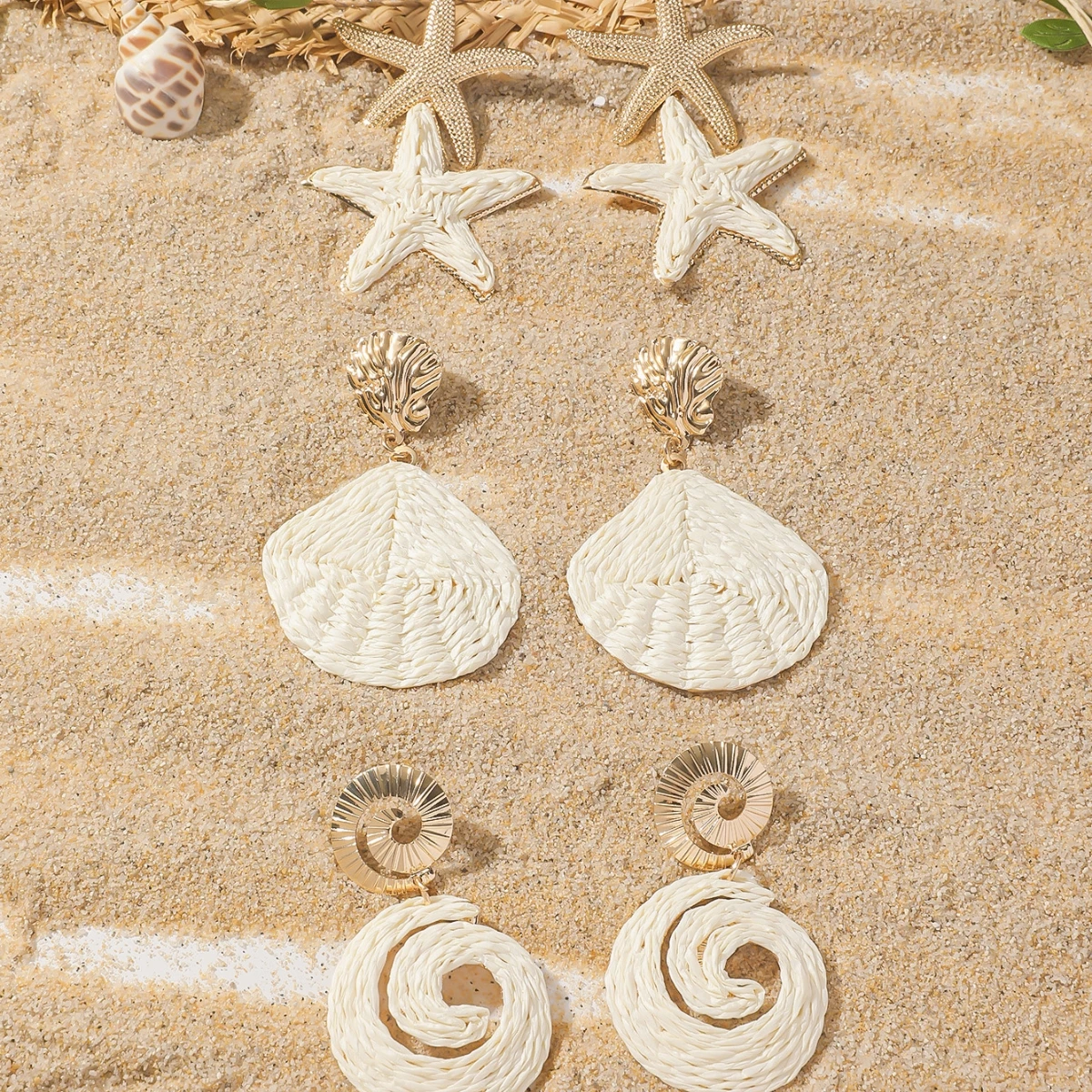 1 Set Elegant Ocean Theme Rattan Knit Drop Earrings for Women Girls Boho Summer Raffia Shell Starfish Conch Earrings Jewelry