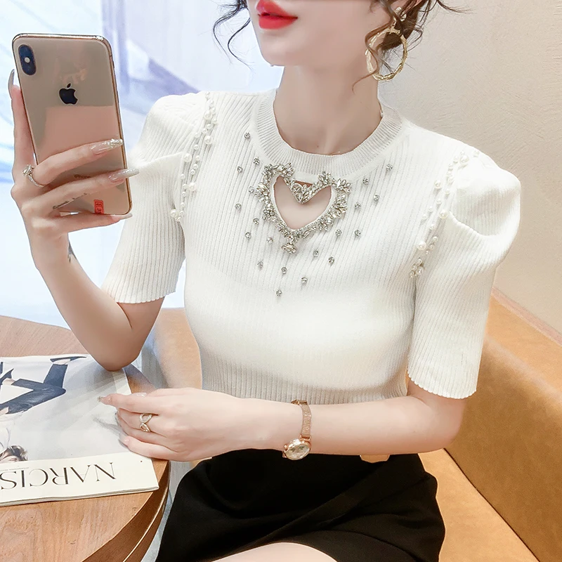 Summer Elegant Diamond Pearl Beading Short Pullover Sweater Fashion Thin Elastic Knitted Puff Short Sleeve O-Neck Knitwear