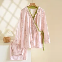 2026 New Spring and Autumn Women's Kimono Set 100% Cotton Gauze Chinese style Cardigan Long Sleeve Loose Simple Pajama Set - Image 4