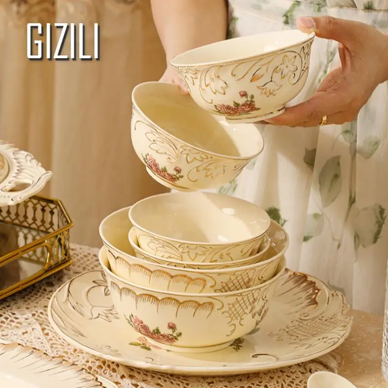 European Style Vintage Rose Ceramic Dinner Plate Dessert Dish Western Food Dinner Plate Household Tableware Decoration