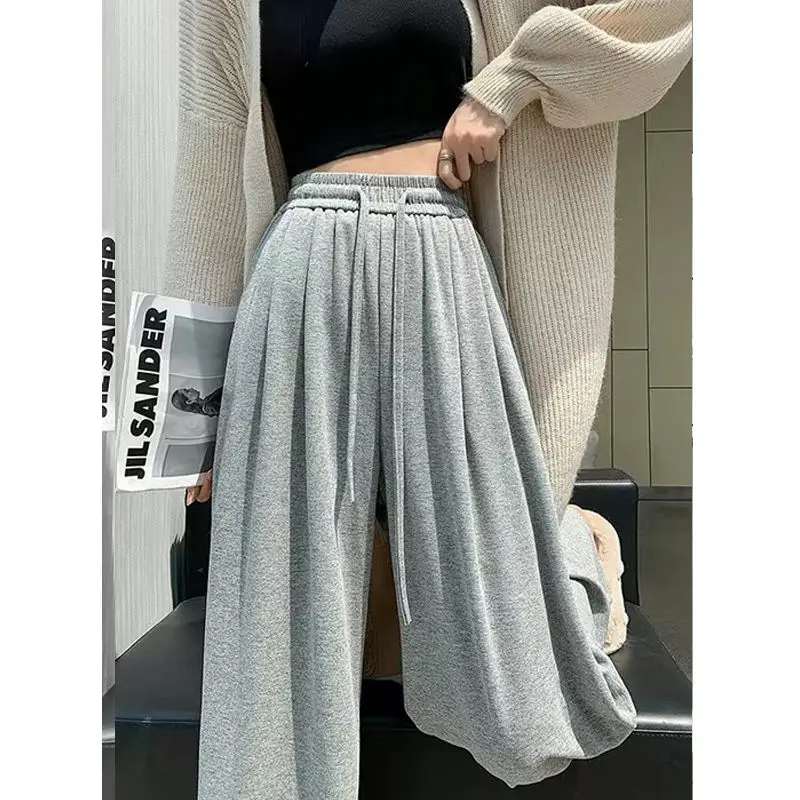 Spring Autumn New Solid Color Fashion Elastic Waist Wide Leg Trousers Women High Street Casual Drawstring Elegant All-match Pant