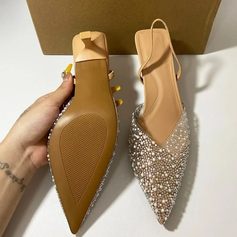 Summer Women's High Heeled Transparent Pointed Toe Pearl Decoration Slingback Sandals