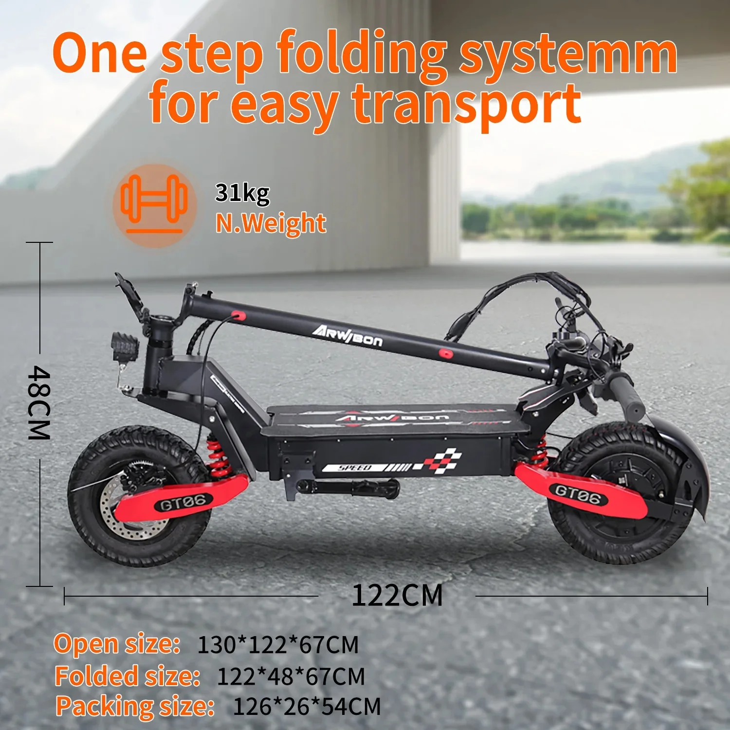 Adult electric scooter, electric commuting scooter, range of 28 miles, 1200W motor dual braking system and shock absorption 3