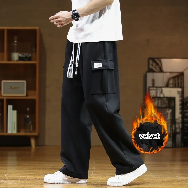 Sport Jogging Trousers Fashionable Wide Leg Pants Fleece Sweatpants Wide Leg Pants Fashion Pants Winter Velvet Sweatpants Cotton Men Baggy Joggers Cargo Pants Neutral Breathable Loose Outdoor Solid Color Wide Legged Trousers