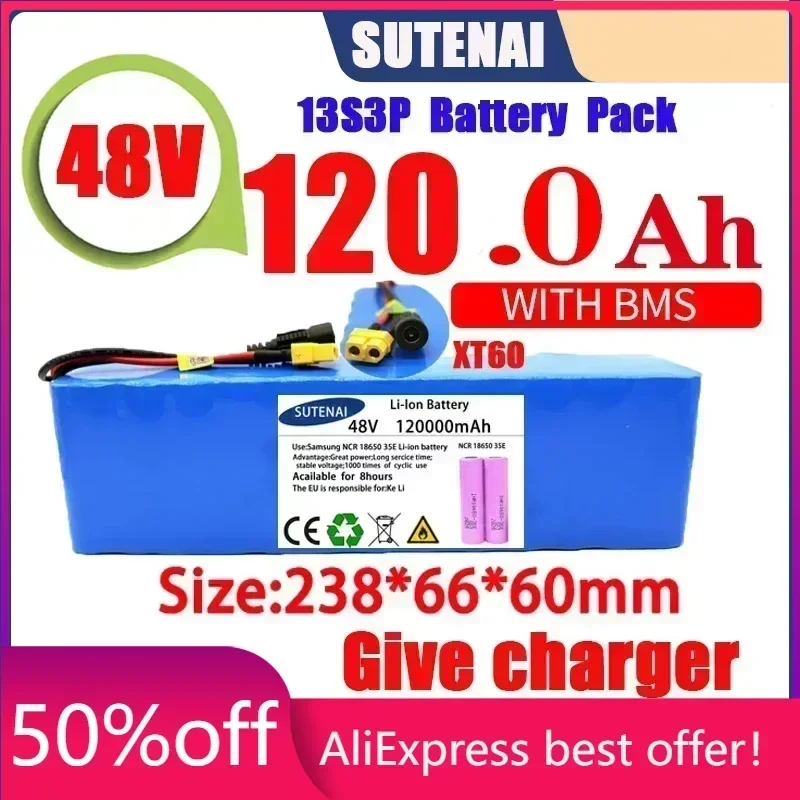 

Powerful 48V 120000mAh 1000w 13S3P XT60 120Ah Li-ion Battery for 54.6V Scooter Electric Bike with BMS Charger