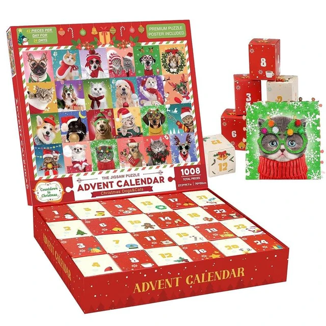 Christmas Advent Calendar Cute Dogs Puzzles Set 24 Days Countdown