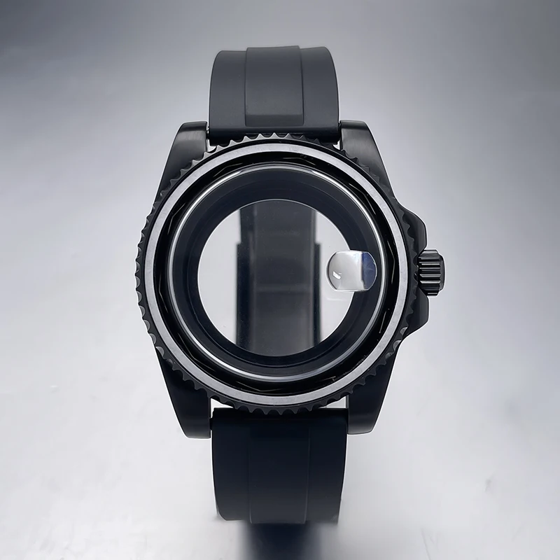 All-Black Sub Style Watch Case with Rubber Strap and Sapphire Crystal