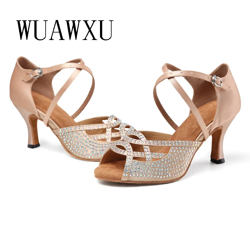 NATASHA Black Satin Inlaid Diamond Latin Dance Shoes Women's 2023 New Soft Sole Dance Sandals Summer Dance Medium High Heels