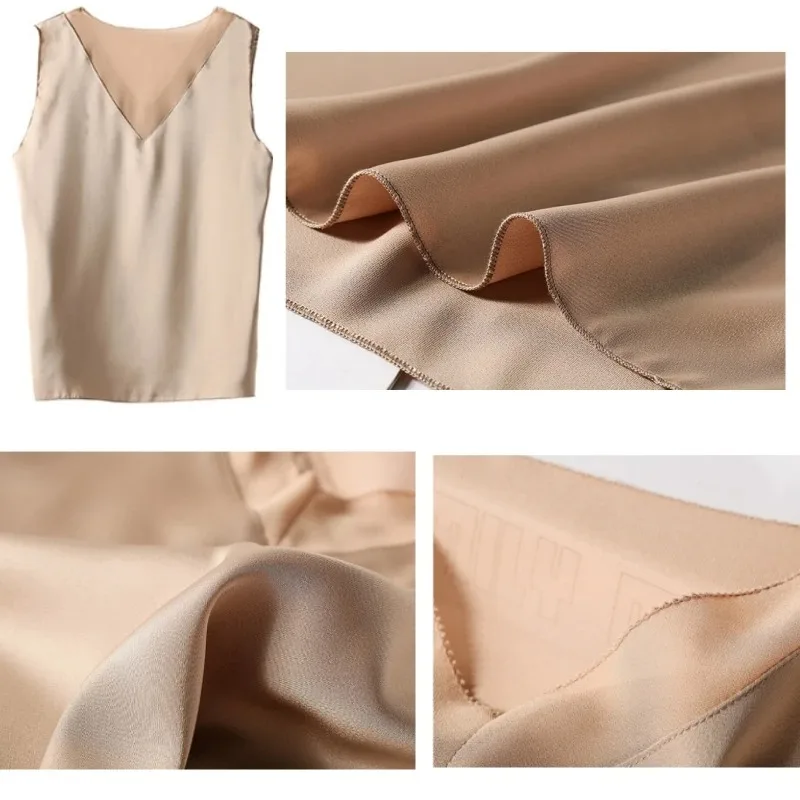 Summer Fashion Women's V-neck Satin Ice Silk Shirt Vest Elegant Retro Commuting Chiffon Sleeveless Top 13573