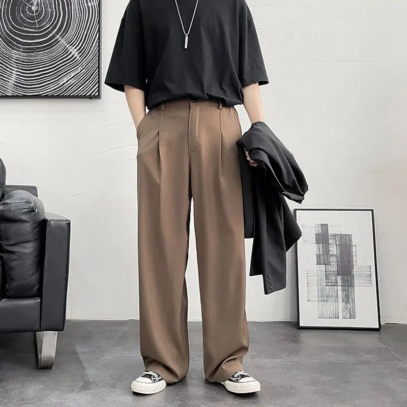 Trousers For Men Brown Fluid Draped Baggy Stylish Tailoring Summer Man Suits Pants Clothing Premium Thin Casual Up