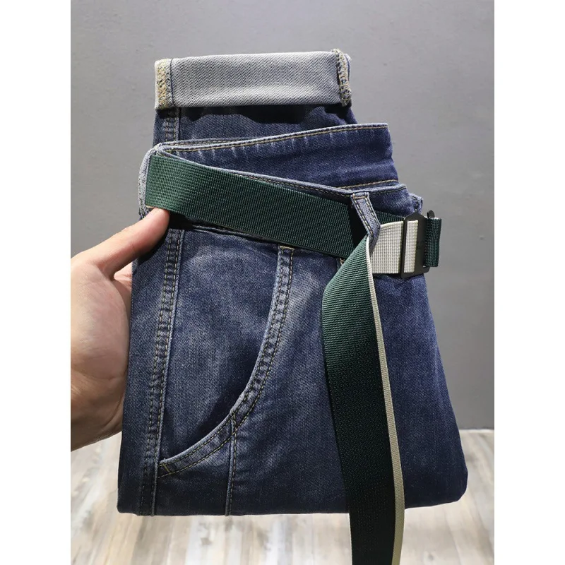 2024 New Spring Men'S Jeans Fashion Splicing High-End Slim Casual Everything Loose Straight Leg Blue Jeans Men