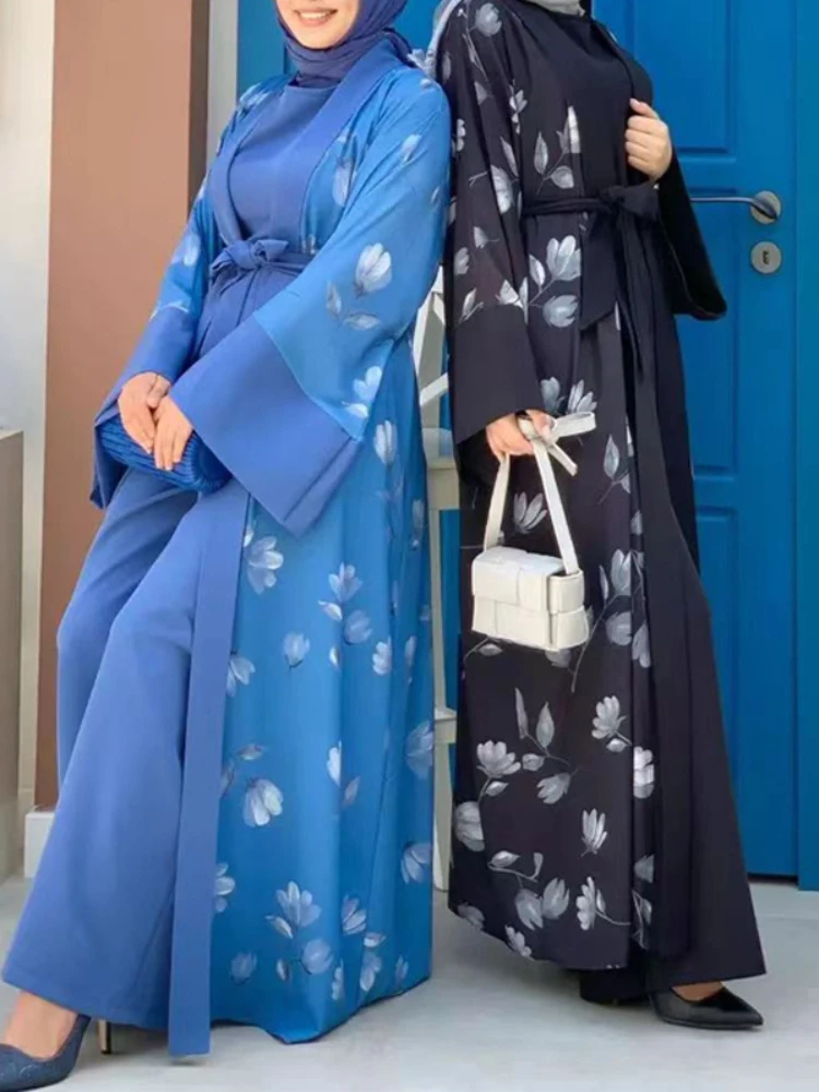 여성용 라마단 투피스 세트 무슬림 롬퍼, 두바이 터키 레이스업 아바야 점프수트, 와이드 레그 팬츠, 카프탄 이슬람 의류, 우아한 