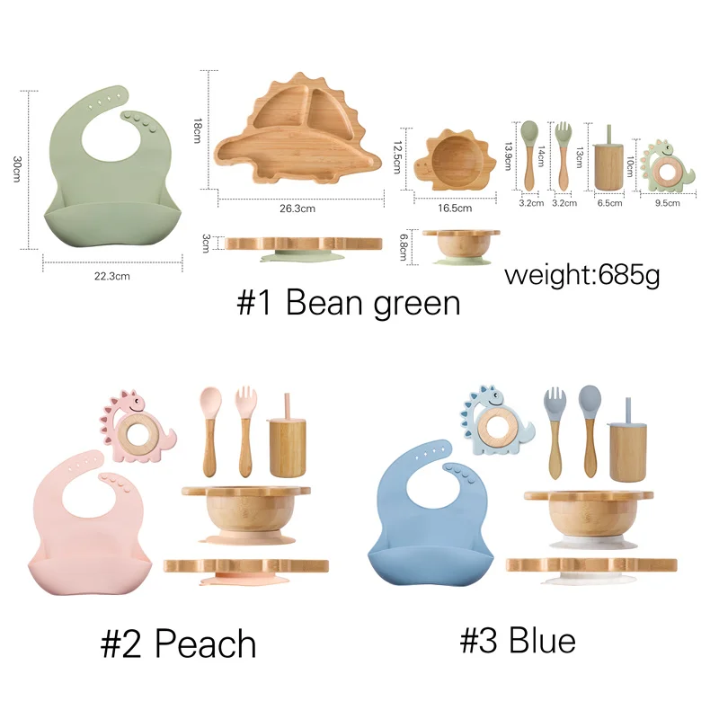Baby Wooden Tableware Feeding Set Bamboo Dinosaur Plate Bowl Silicone Wooden Handle Frok Spoon Baby Dinnerware Feeding Supplies 6