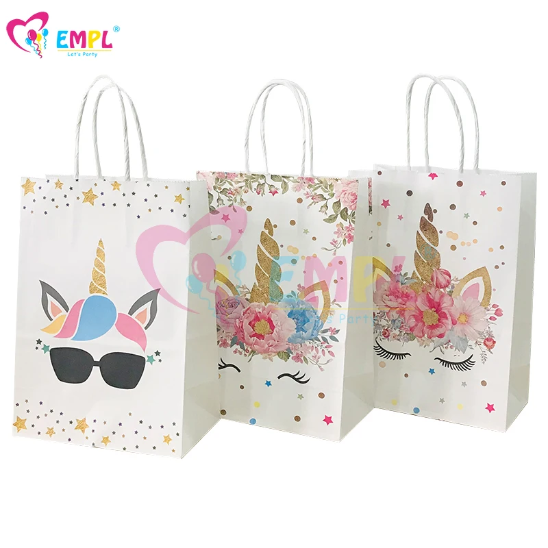 12pcs Party Kraft Paper Gift Bag with Handle Cute Cartoon Print Candy Favor Bags Wedding Baby Shower Birthday Party Decorations