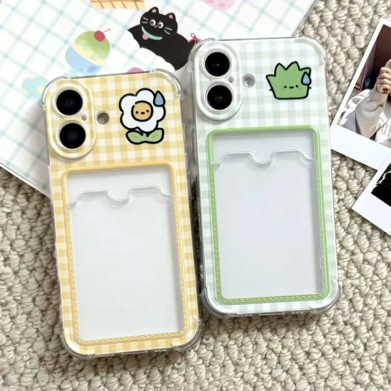 Floral Grid Pattern Cardholder Phone Case - Y2K Inspired Design