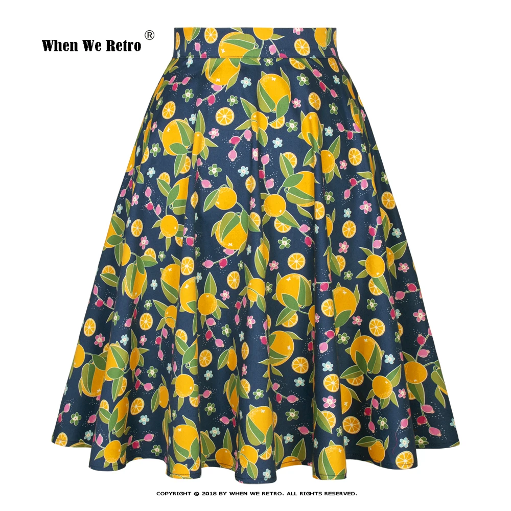 

Blue Orange Cotton 50s 60s Rockabilly Vintage Skirt High Waist A Line Retro Swing Midi Skirts Summer Holiday Women's Jupe VD0020