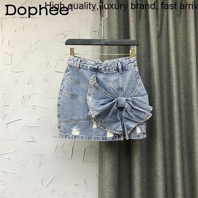 

Summer New 2023 Slim Fit Slimming Hip Mini Jean Skirt for Women's Sweet Three-Dimensional Bow Beaded A- Line Short Denim Skirts