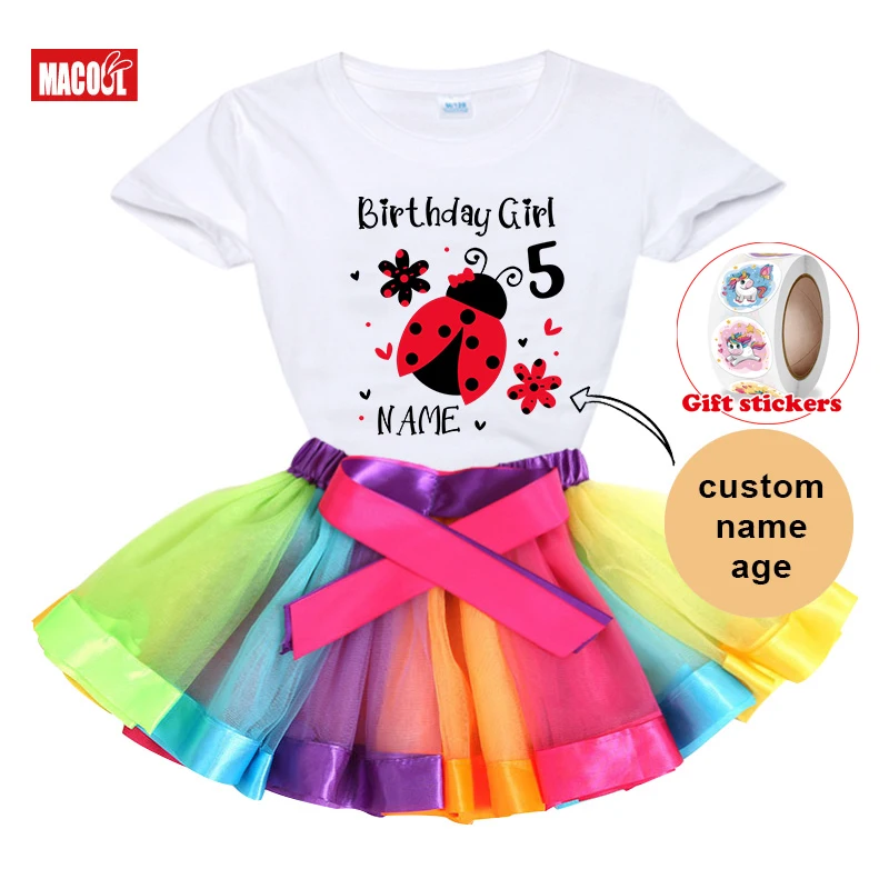 

Girls Dress Family Matching Outfits Girl Seven Star Ladybug T-shirt Party Skirt Baby T-shirt + Girls' Skirt + Children's Sticker