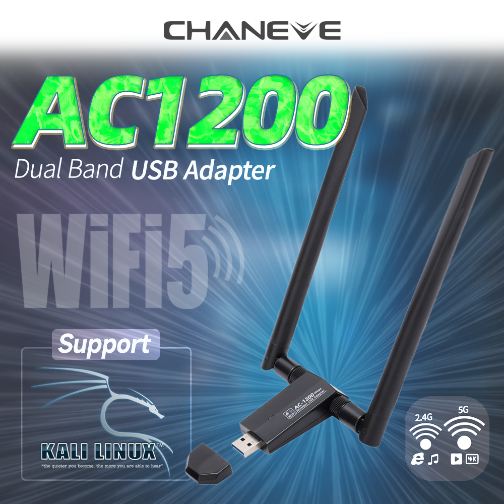 CHANEVE Kali Linux WiFi Dongle RTL8812AU Chip Dual Band 1200Mbps Wireless USB Adapter usb3.0 Network Card With Dual 5dbi antenna