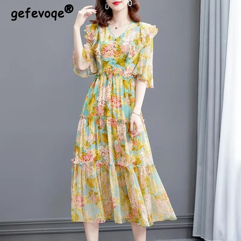 

Women's Clothing Floral Print Ruffle Elegant Long Party Dresses 2023 Summer Trend V Neck Short Sleeve Sweet Beach Dress Vestidos