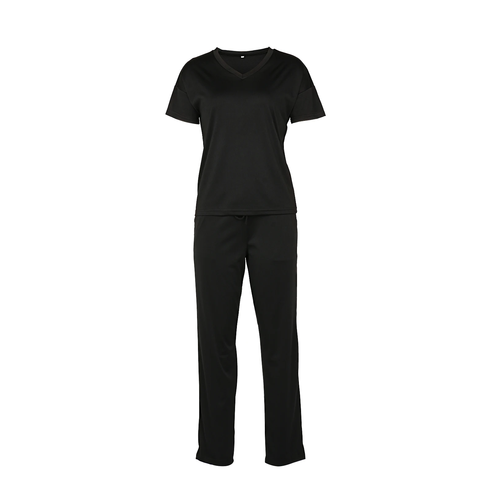 Loose Casual Two Piece Set Women V-Neck Short-Sleeved T-shirt High-Waist Lace-Up Slim Trousers Solid Colors Sports 2 Piece Sets